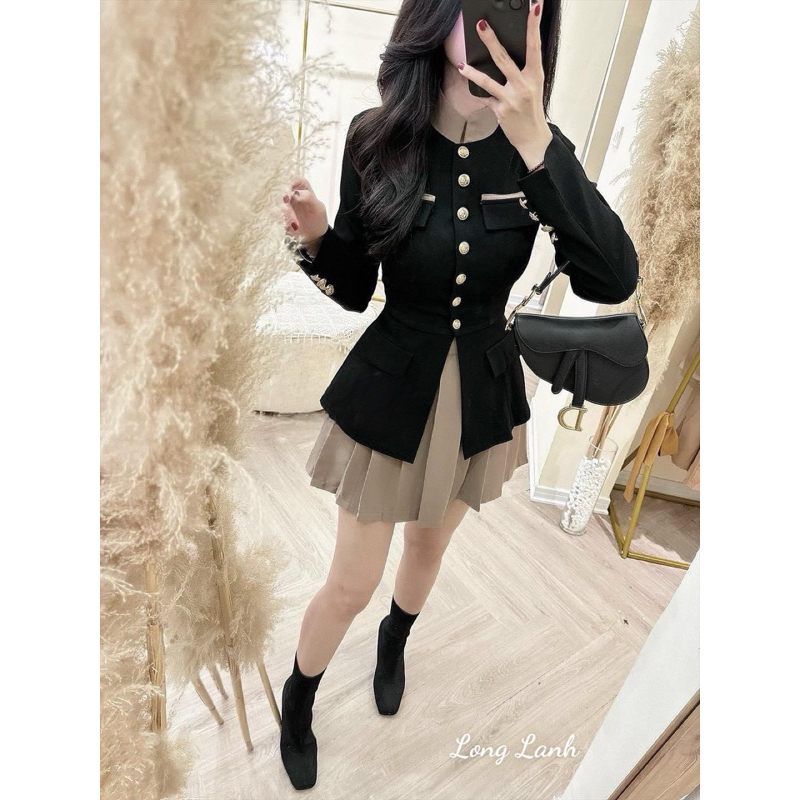 Sét áo dạ cổ tàu-chân váy xếp ly cao cấp