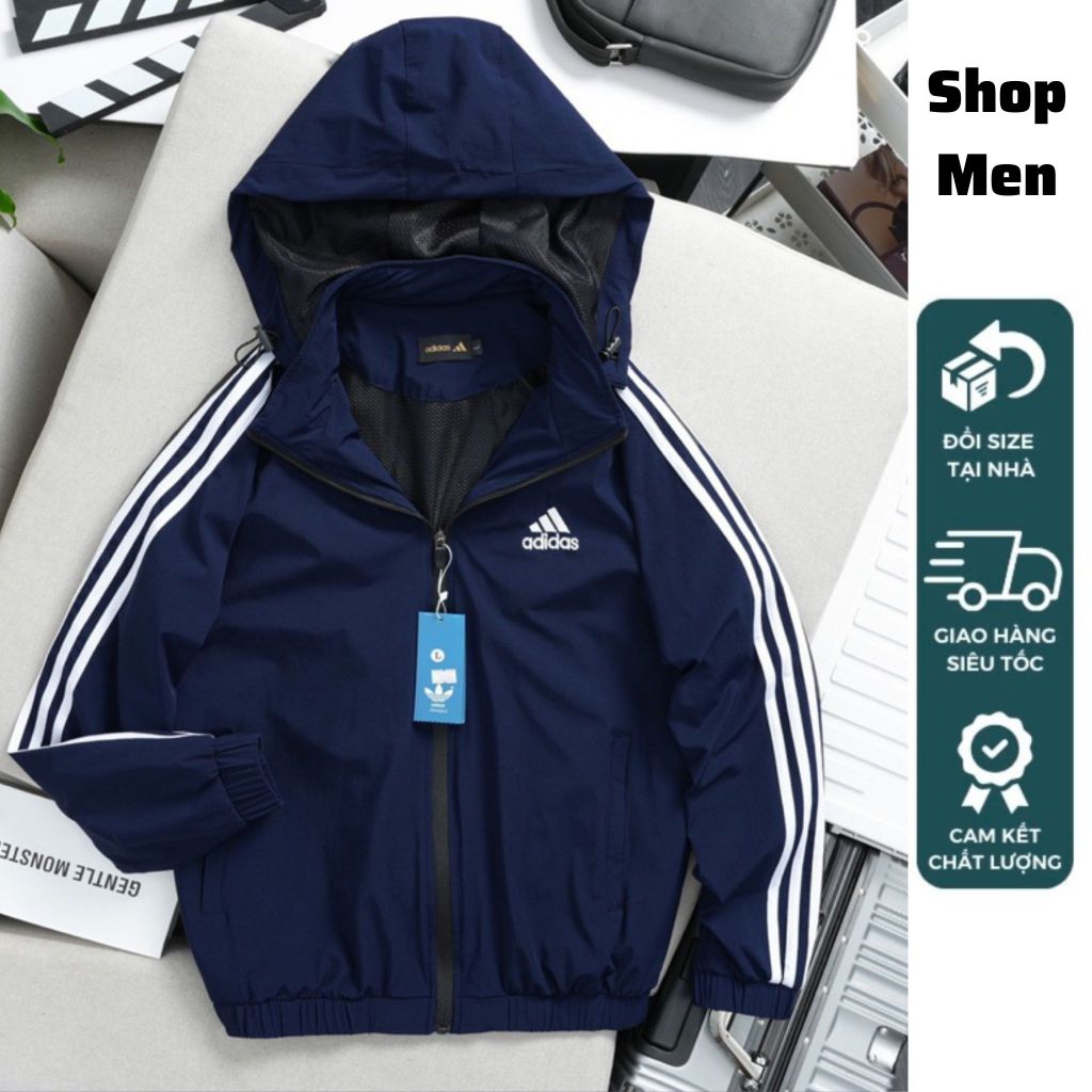 Áo gió Adidas logo thêu mũ tháo rời, áo khoác nam nữ may viền chắc chắn