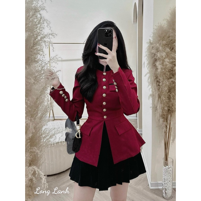 Sét áo dạ cổ tàu-chân váy xếp ly cao cấp