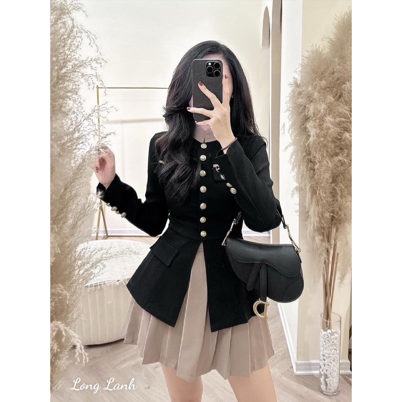 Sét áo dạ cổ tàu-chân váy xếp ly cao cấp