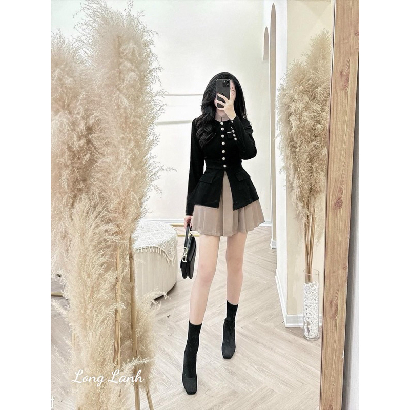 Sét áo dạ cổ tàu-chân váy xếp ly cao cấp