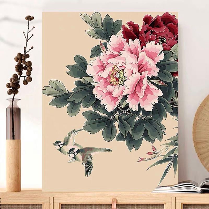 Tranh số hoá DIY tô màu theo số đã căng khung khổ 40x50cm -Tranh Chim én mùa xuân