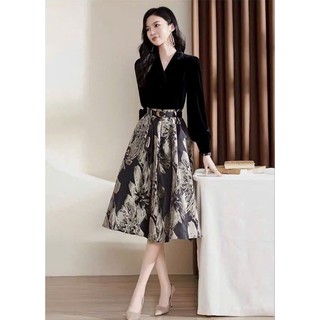 Đầm xoè phối gấm in hoa kèm belt cao cấp