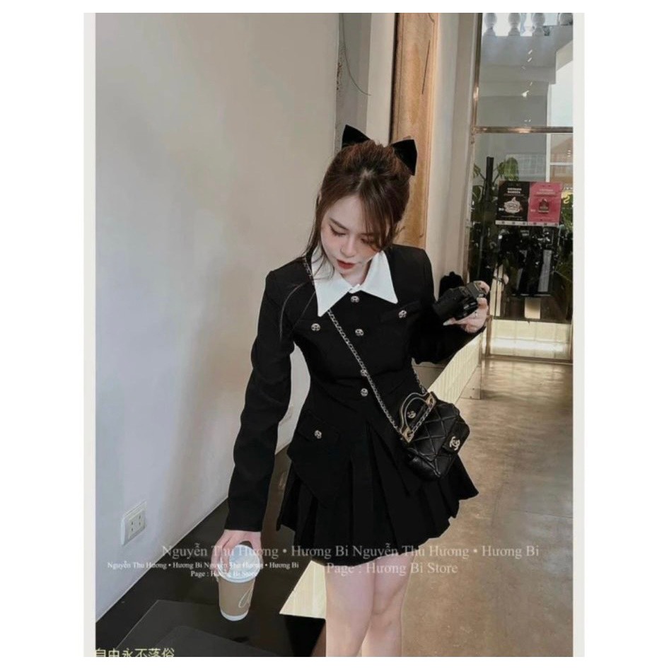 Set vest chân váy nữ CD cổ sơ mi chân váy ngắn cúc ngọc chất tuyết mưa dày dặn