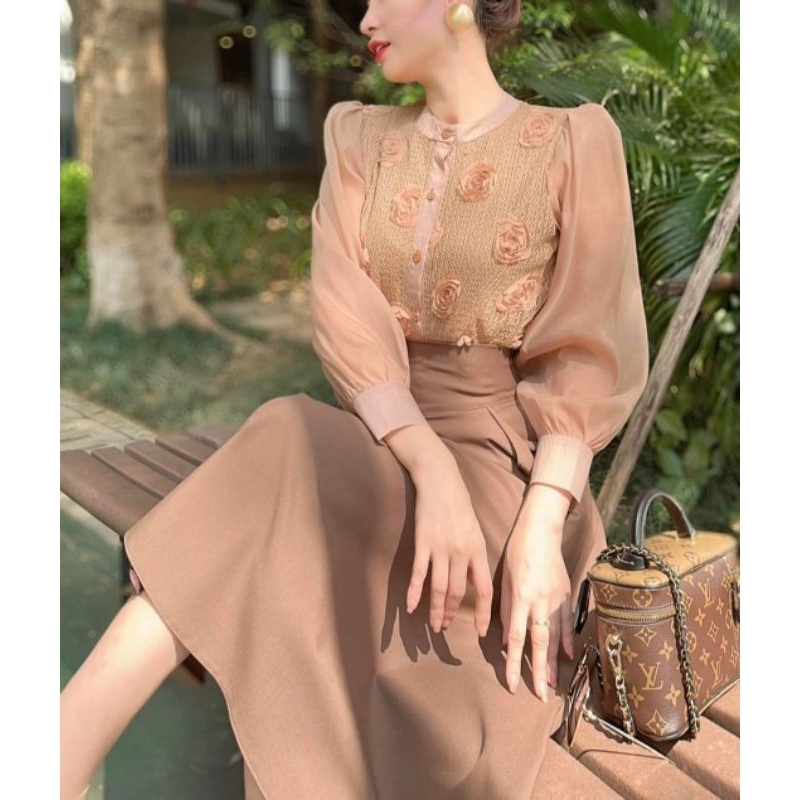 Áo sơ mi dài tay hoa hồng kết nổi