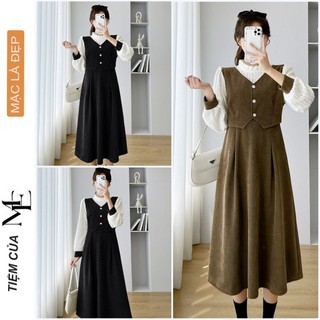 Sét đầm váy liền bầu thời trang thu đông v6620 dáng suông dài form rộng sang chảnh - đầm váy công sở dự tiệc freesize