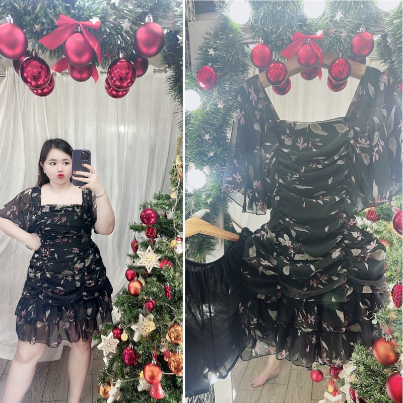 Đầm nhún voan tay loe