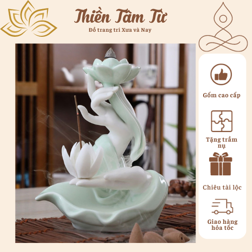 Thác khói trầm hương mẫu tay phật ngọc nâng sen, thác phật thủ, phật thủ quan âm tặng trầm nụ