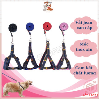 Dây dắt chó đi dạo, yếm dắt chó, dây dắt thú cưng, dây dắt chó mèo chất liệu vải jean cao cấp kèm yếm cổ pipopet