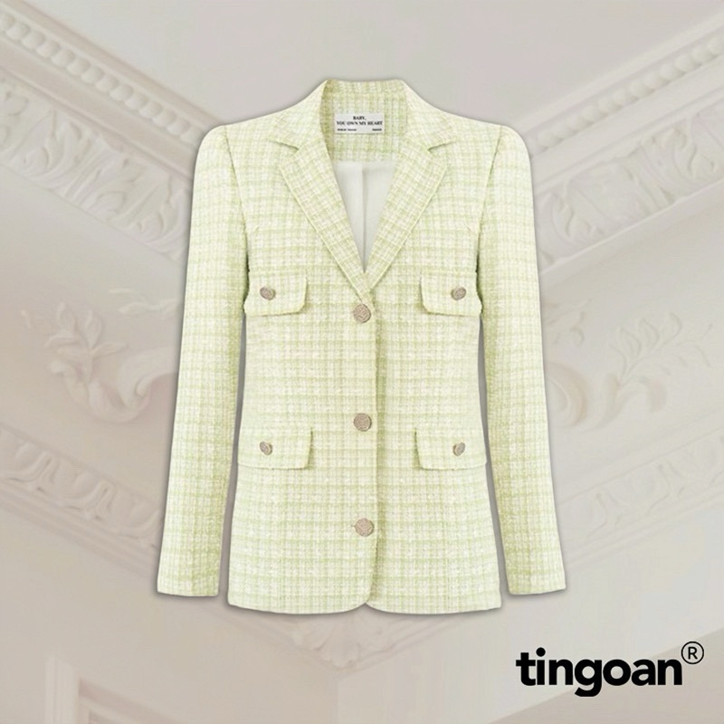 TINGOAN® - Áo khoác tweed blazer freesize TWEED đính cúc lấp lánh dáng dài 2 lớp xanh CHERRY CHAMPAGNE BLAZER/GREEN