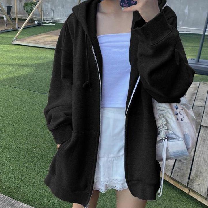 Áo khoác hoodie zip nữ form rộng có khóa kéo chất nỉ bông dầy dặn phong cách hàn quốc