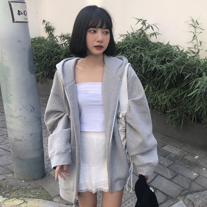 Áo khoác hoodie zip nữ form rộng có khóa kéo chất nỉ bông dầy dặn phong cách hàn quốc