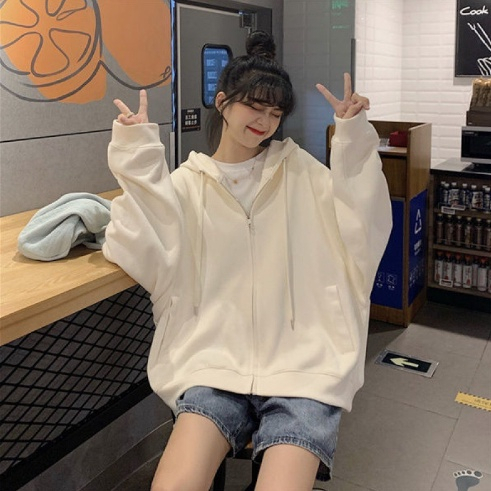 Áo khoác hoodie zip nữ form rộng có khóa kéo chất nỉ bông dầy dặn phong cách hàn quốc
