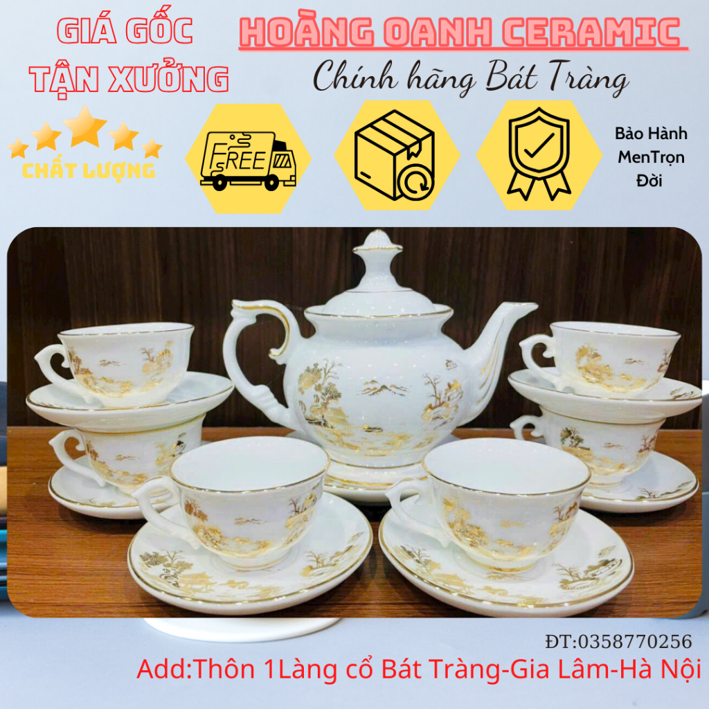 (CHỌN 10 MẪU) Bộ Ấm Chén Pha Trà-hàng nhà lò Bát Tràng-vẽ Phúc Đức,vẽ Sơn Thuỷ,men Trắng,viền Vàng-dáng Phú Quý