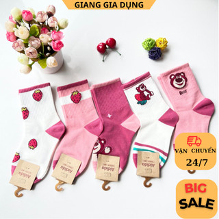 Combo 5 đôi tất gấu dâu hồng cổ cao cho bé siêu xinh