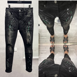 Quần jean bò nam Amiri slimfit wash đen mài rách gối phối vảy sơn dập nhăn 3D phong cách streetwear QJ369P