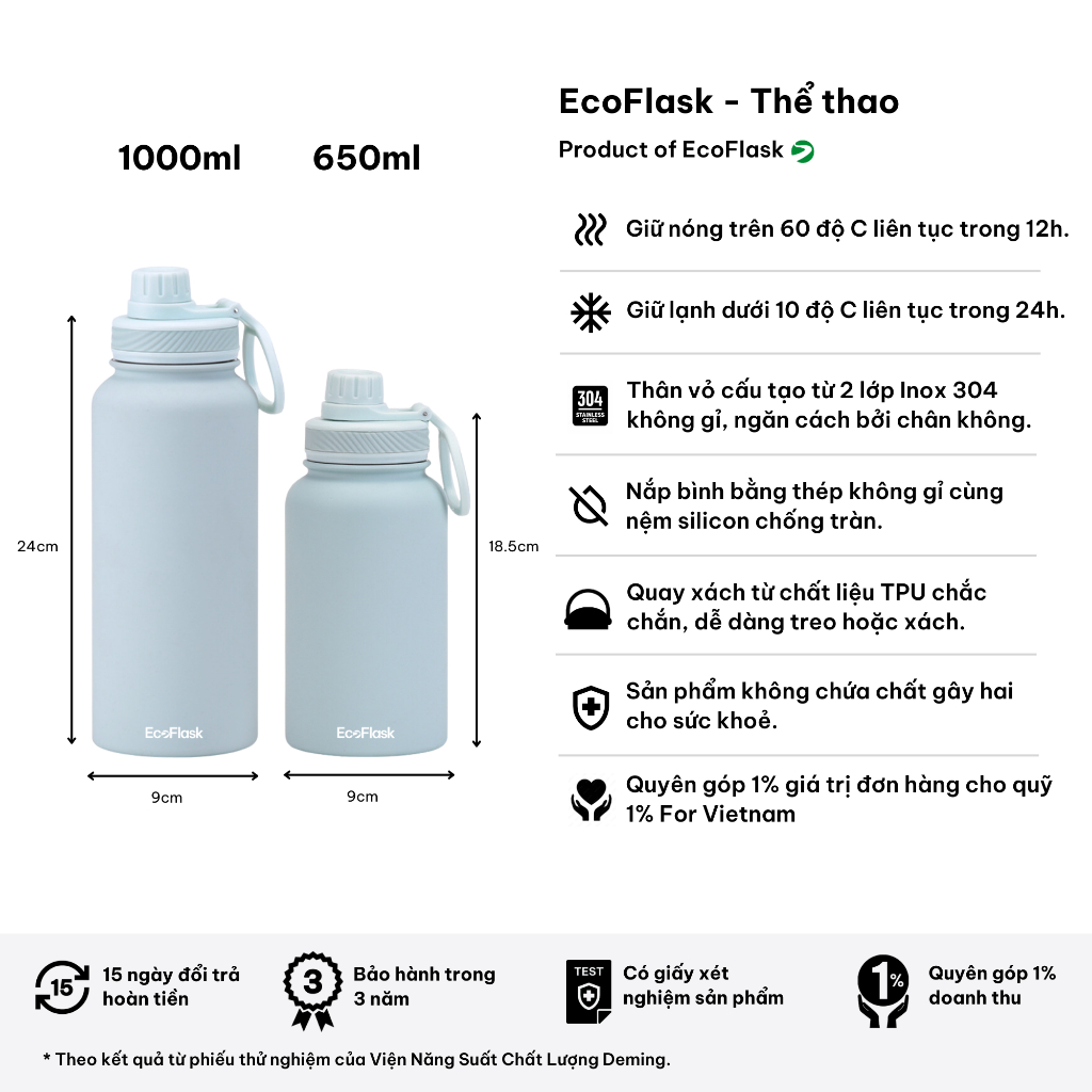 Bình giữ nhiệt Hàn Quốc EcoFlask 1000ml/650ml thể thao  - Hàng chính hãng, nắp và bình bằng inox 304