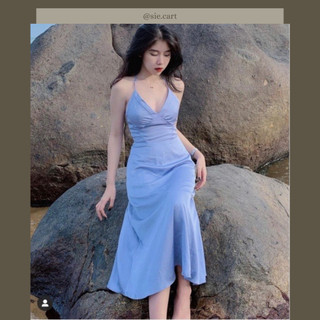 Đầm Maxi Dây Yếm Hở Lưng Xanh