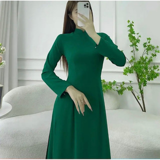 Áo dài trơn truyền thống màu xanh rêu đậm vải lụa mỹ mềm mịn co giãn