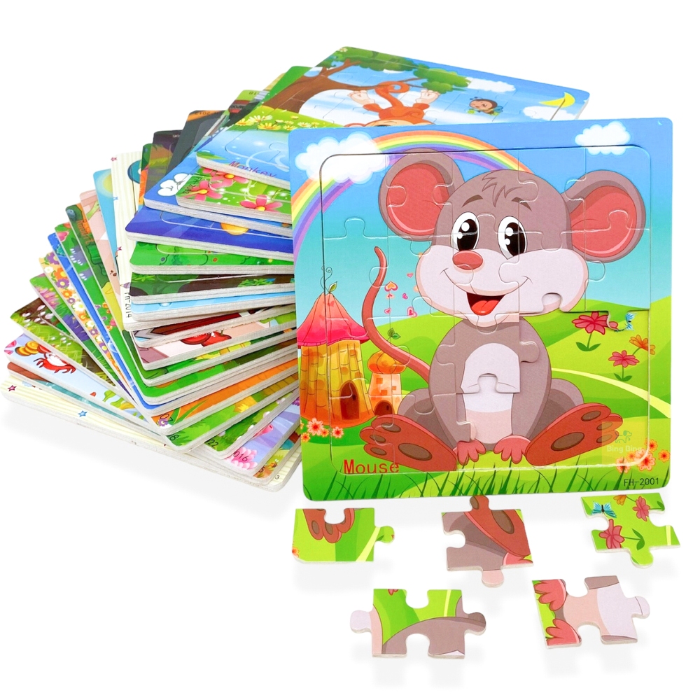 Tranh ghép hình 20 miếng gỗ size 15x15cm chủ đề động vật, giao thông siêu đáng yêu giúp phát triển trí tuệ cho bé