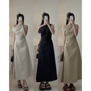 Váy thô lệch vai dáng dài nhún eo metwo.dearu - váy thô mềm 2 da midi thiết kế vai lật xếp ly eo ulzzang hàn quốc