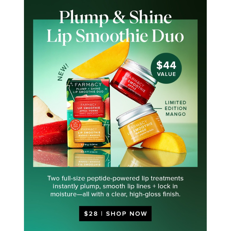 Set 2 son dưỡng Farmacy Plump + Shine Smoothie with Peptides + Vitamin C