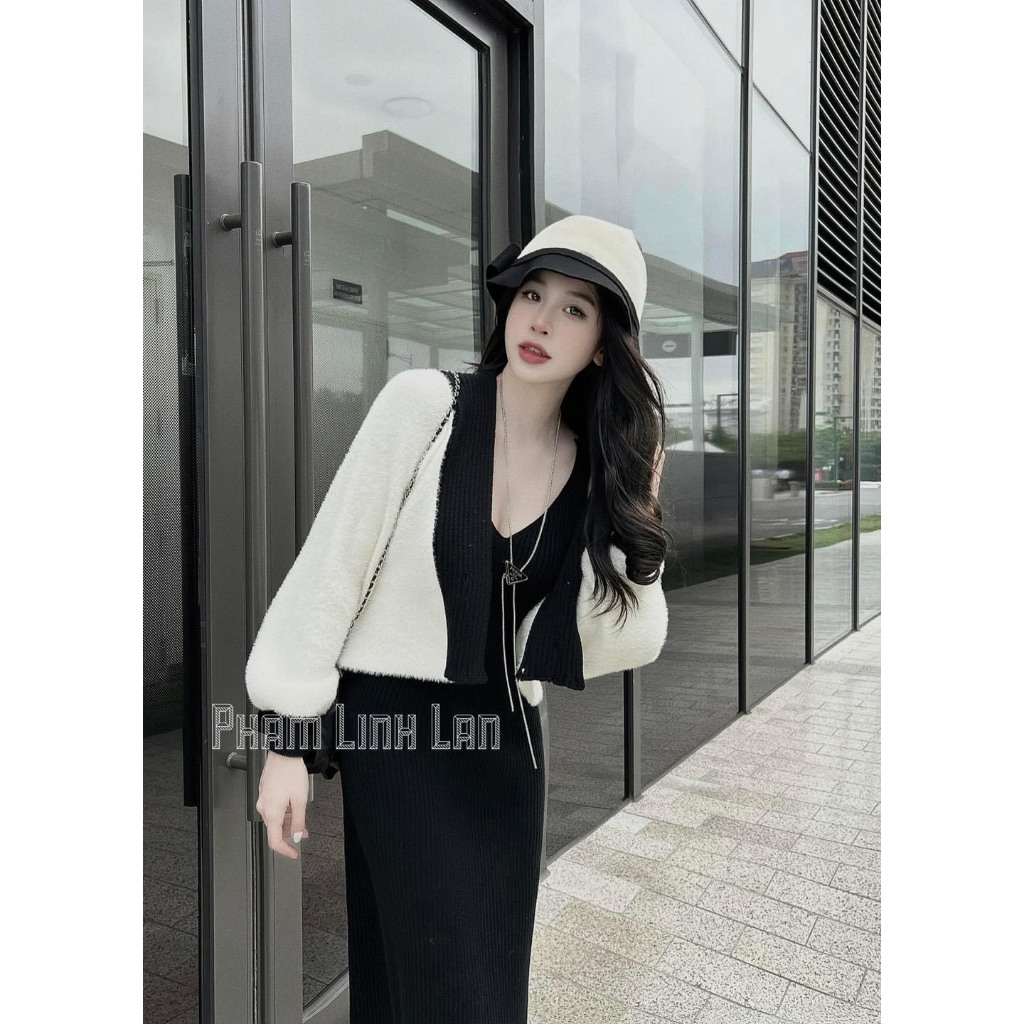 Set Váy Nữ 2 Món Đầm 2 Dây Dáng Dài Kèm Áo Khoác Lông Trắng 2 Lớp Cánh Dơi Viền Đen Freesize