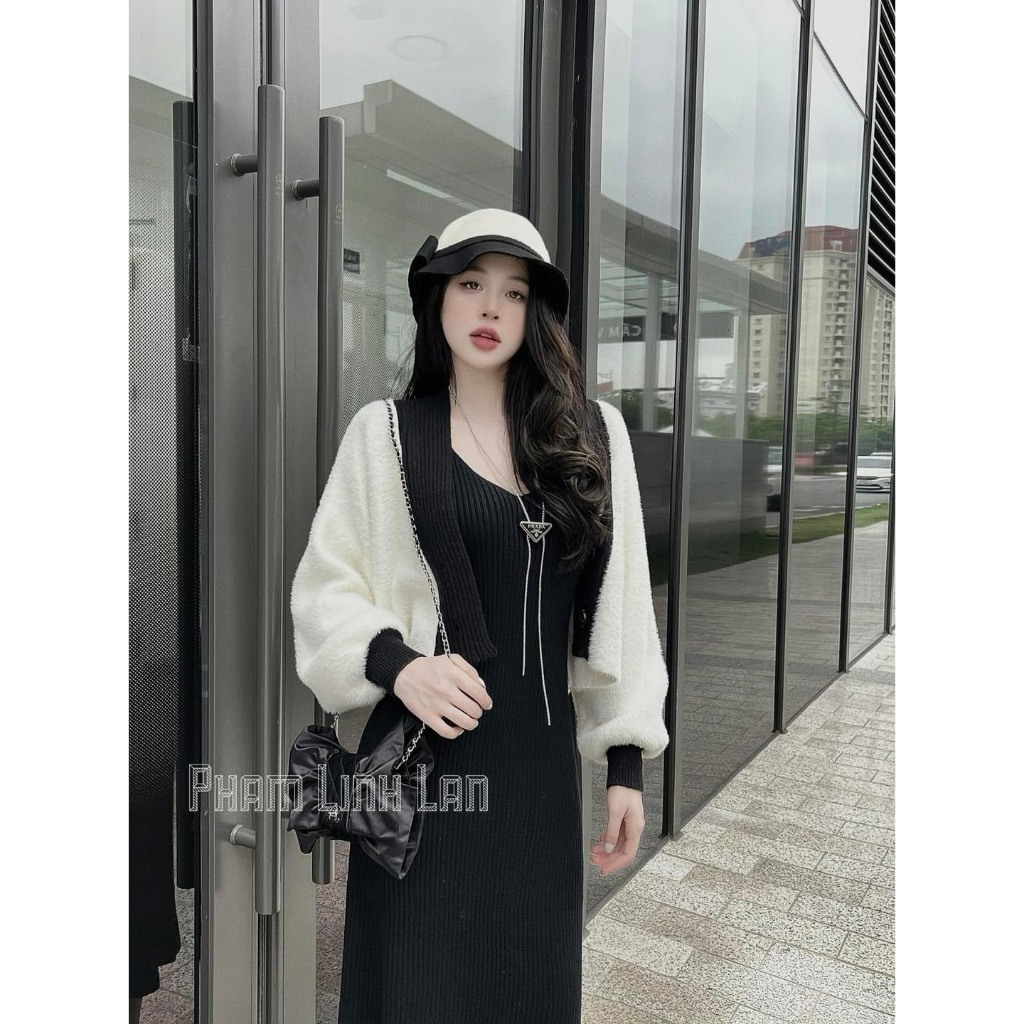 Set Váy Nữ 2 Món Đầm 2 Dây Dáng Dài Kèm Áo Khoác Lông Trắng 2 Lớp Cánh Dơi Viền Đen Freesize