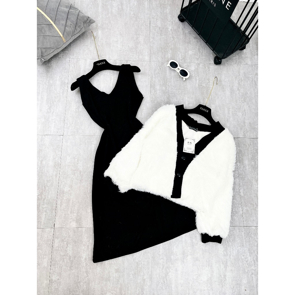 Set Váy Nữ 2 Món Đầm 2 Dây Dáng Dài Kèm Áo Khoác Lông Trắng 2 Lớp Cánh Dơi Viền Đen Freesize