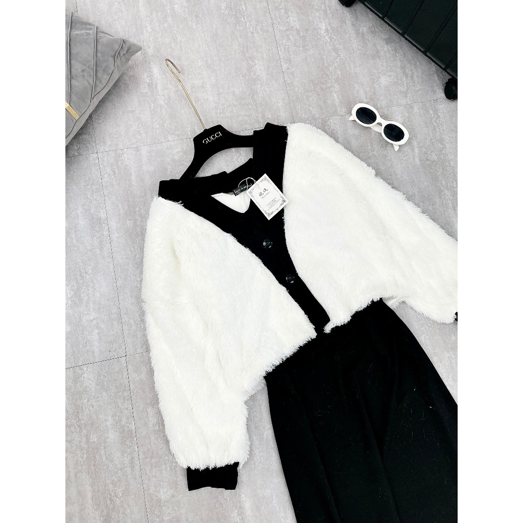 Set Váy Nữ 2 Món Đầm 2 Dây Dáng Dài Kèm Áo Khoác Lông Trắng 2 Lớp Cánh Dơi Viền Đen Freesize