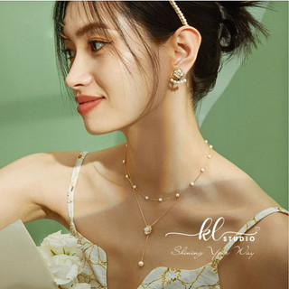  Vòng Cổ Nữ Titan Sợi Kép Mặt Hoa Hồng Trắng Dáng Thả Charm Ngọc Trai Nhân Tạo Thanh Lịch Tiểu Thư - N32