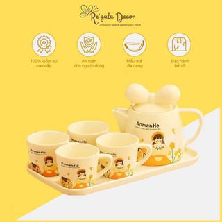 Bộ Ấm Chén Cao Cấp Regala Decor Kèm Hộp Quà  - Set Ấm Trà Nắp Nơ Kèm Khay Dễ Thương,Kèm Hộp Quà Thích Hợp Làm Quà Tặng