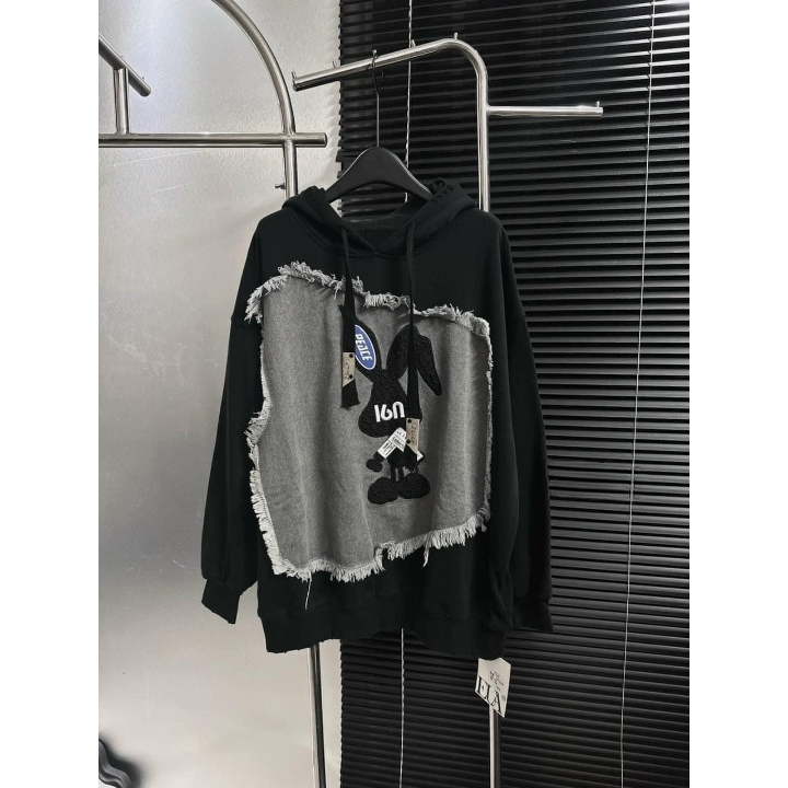 Áo Hoodie Thỏ dáng dài rộng mũ hai lớp trùm, Áo nỉ mũ đắp vải dây to bản chất nỉ mềm mịn không xù