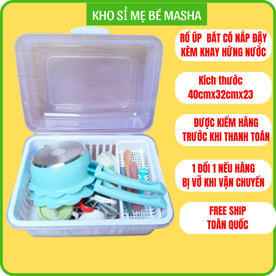 Rổ úp chén bát đồ ăn dặm cho bé cho bé đựng chén bát đĩa có khay hứng nước có nắp đậy chất liệu nhựa màu trắng