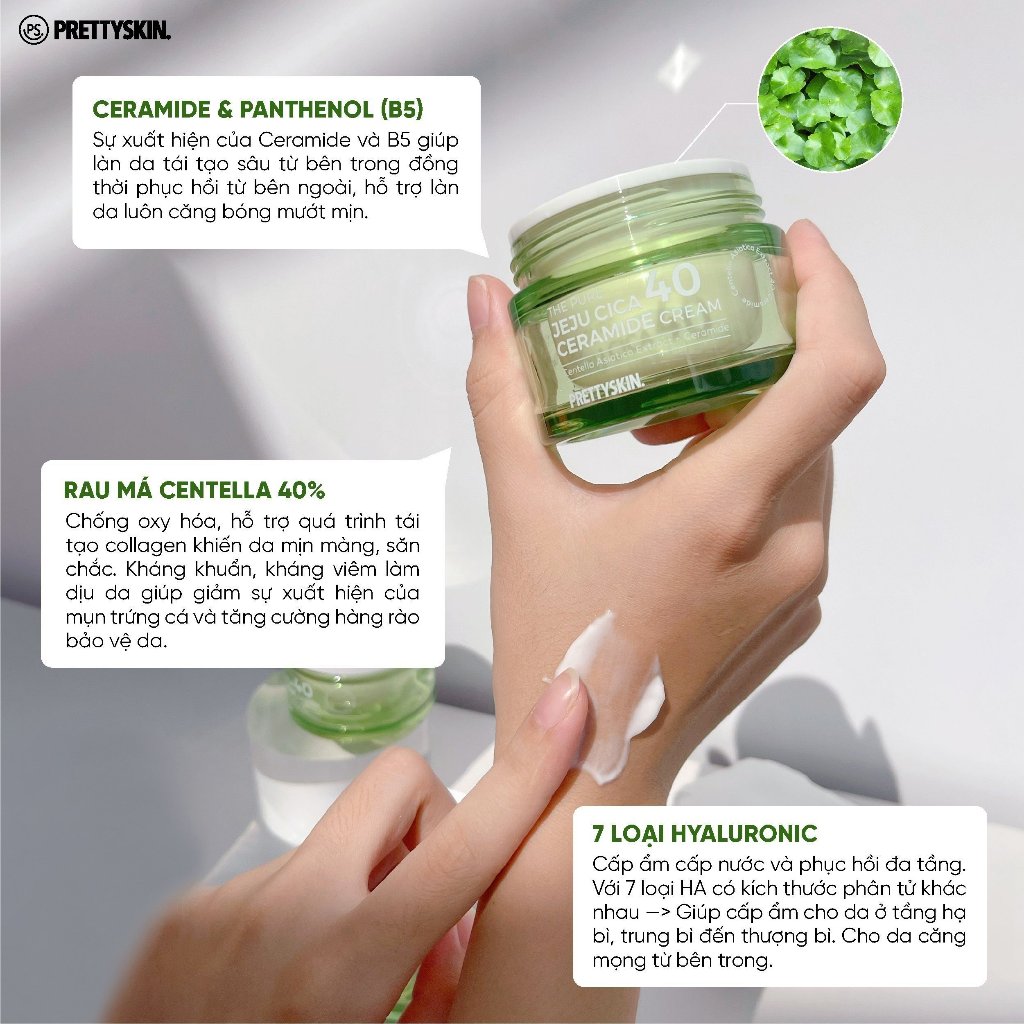Kem Dưỡng Trắng Da Rau Má Prettyskin The Pure Jeju Cica 40 Ceramide Cream 52ml