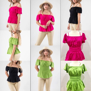 Áo kiểu nữ, áo trễ vai nữ chất đũi rayon dày dặn, màu xanh hồng hot trend hàng xuất dư VNXK