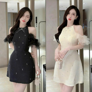 BIGSIZETIX Đầm dự tiệc tiểu thư chất liệu dạ tweed thiết kế cổ yếm trễ vai phối voan đính đá xinh xắn 50-90kg