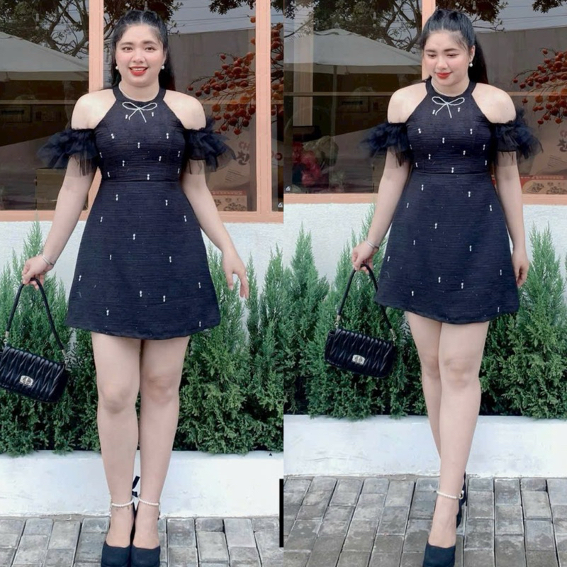 BIGSIZETIX Đầm dự tiệc tiểu thư chất liệu dạ tweed thiết kế cổ yếm trễ vai phối voan đính đá xinh xắn 50-90kg