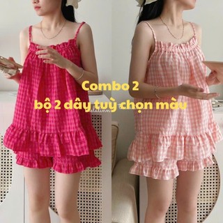  Combo 2 bộ đồ ngủ 2 Pijama sợi bún chất liệu đũi thô hoạt tiết caro 