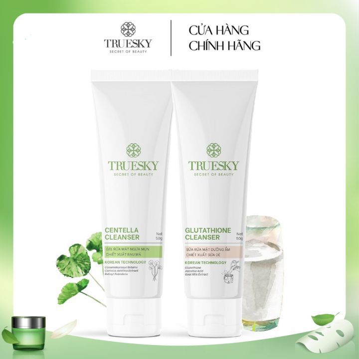 [ Combo Vip 1 ] Bộ dưỡng trắng và ngừa mụn da mặt Truesky gồm 1 gel rửa mặt rau má 50g +1 sữa rửa mặt sữa dê 50g