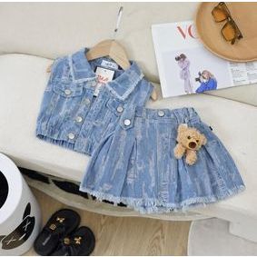 Set váy Bò Jean cho bé gái kèm gấu cute