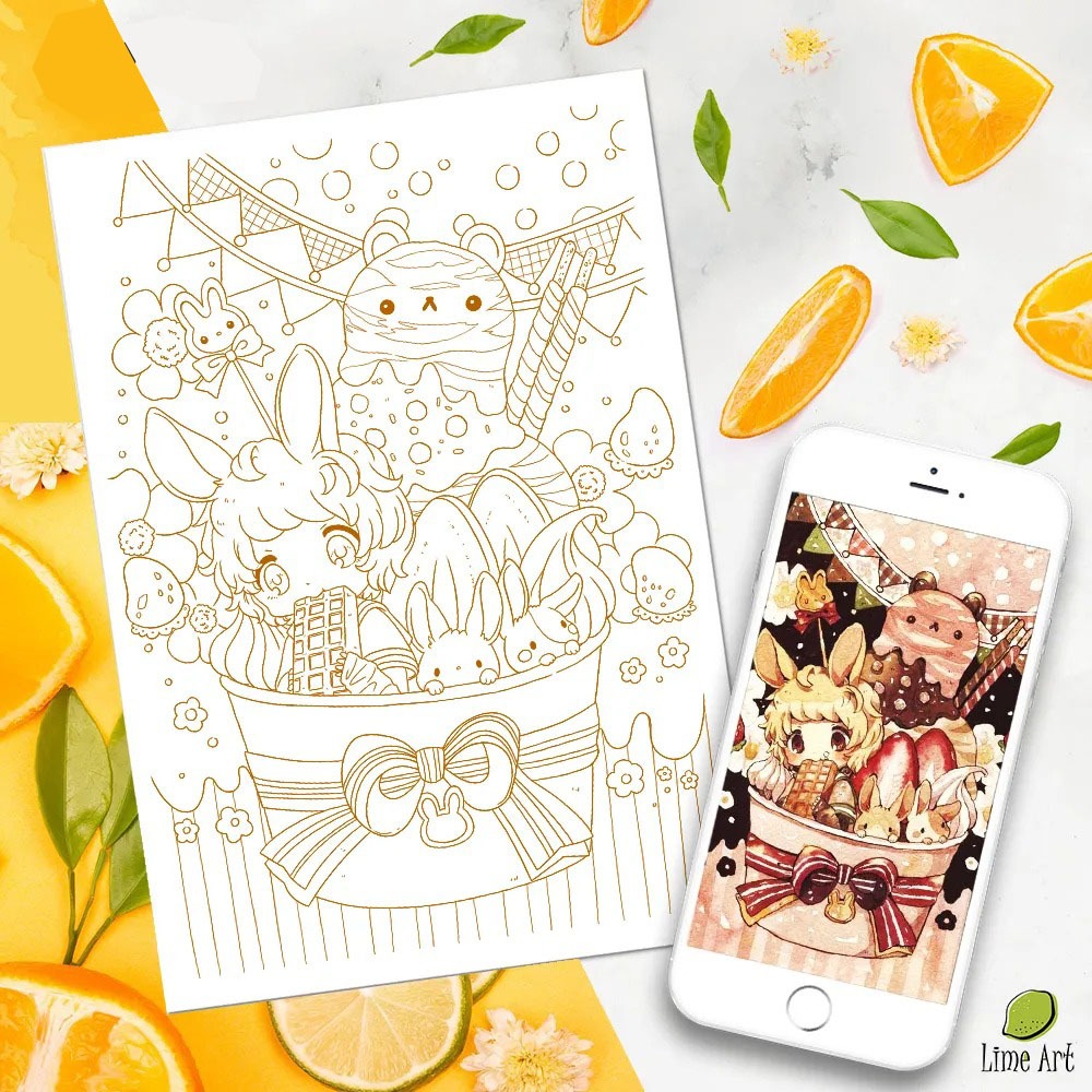 Tranh Tô Màu ChiBi Ngọt Ngào Họa Sĩ Mokarooru Bộ 30 Tranh Giấy Dày 250gsm - 300gsm | Line Art | MS0021