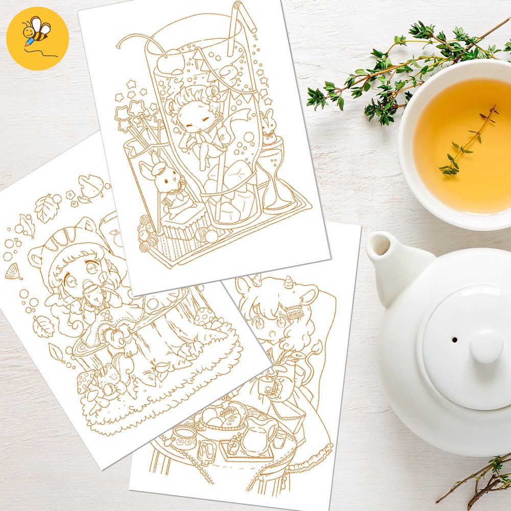 Tranh Tô Màu ChiBi Ngọt Ngào Họa Sĩ Mokarooru Bộ 30 Tranh Giấy Dày 250gsm - 300gsm | Line Art | MS0021