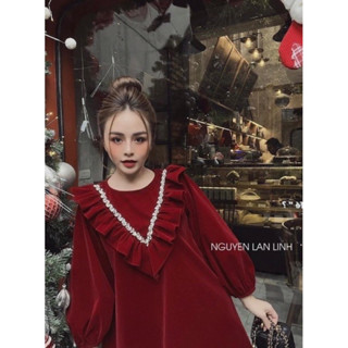  Váy bầu nhung lì sang chảnh gắn dây ngọc mặc noel  tết siêu đẹp 