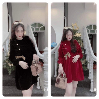 Váy bầu thu đông nhung lif xinh sắn mặc tết , noel 1m6 mặc qua gối