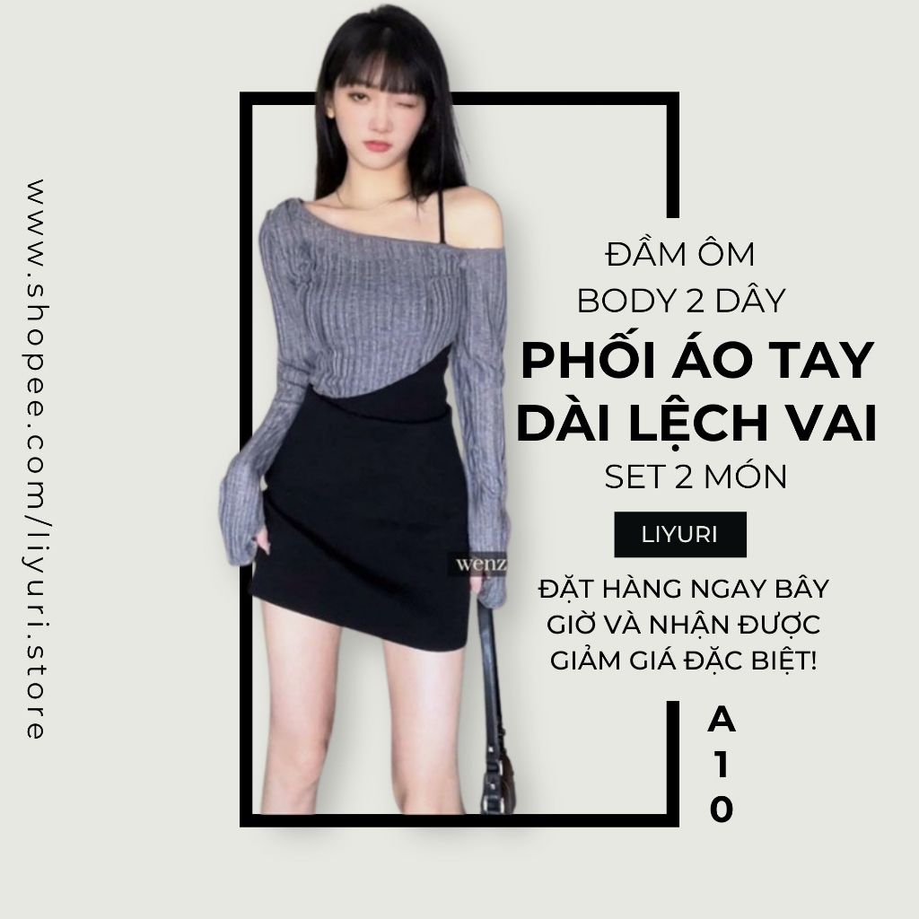 Đầm Ôm Body Hai Dây Dáng Ngắn Kèm Áo Tay Dài Lệch Vai