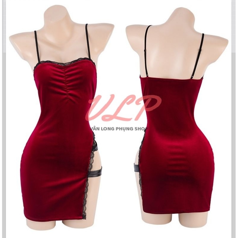 _DN133_Váy nhung body xẻ đùi phối da sexy