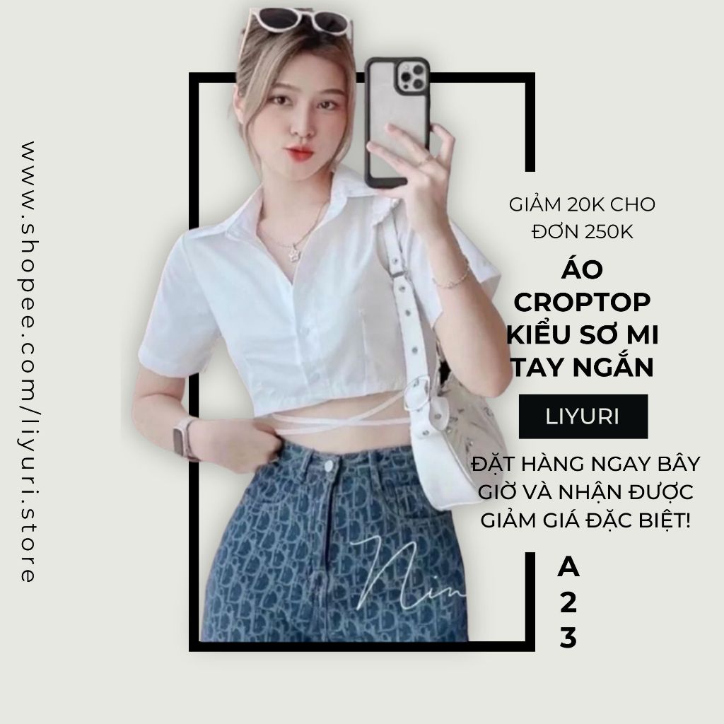 Áo Croptop Kiểu Sơ Mi Tay Ngắn Phối Dây Eo LIYURI