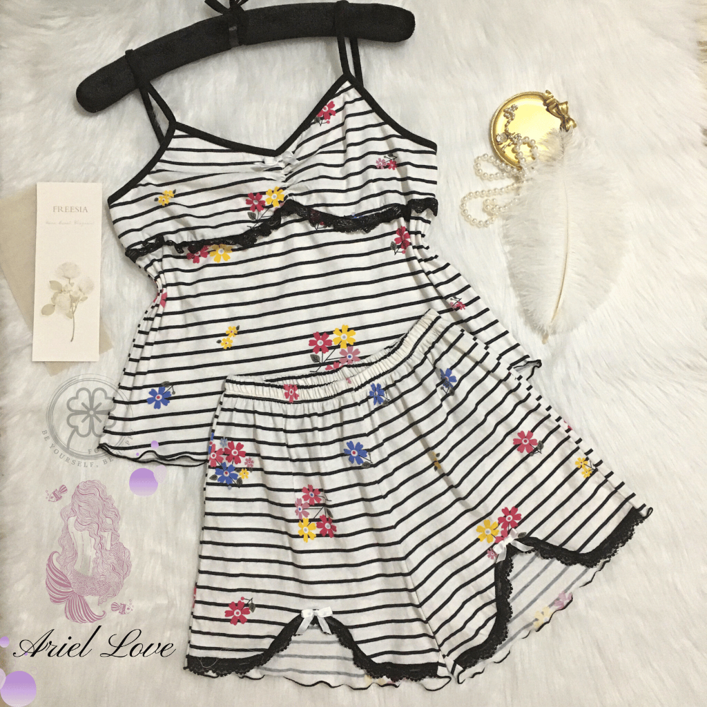 Set mặc nhà nữ hai dây cổ tim nhún thun cotton - Ariel Love