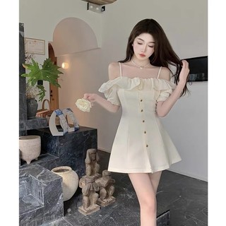 Đầm trễ vai viền bèo 2 dây phối nút dự tiệc ( thời trang bigsize vicky.g anitagreen) N1123